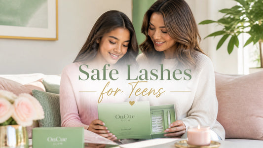A mother and daughter bonding over an OnCue Glow lash kit, emphasizing safety and confidence.