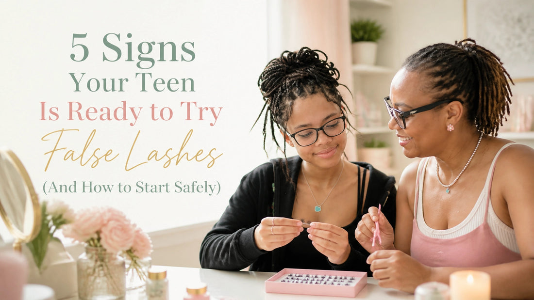 A mother and teenage daughter sharing a calm, supportive false-lash beauty moment in soft OnCue Glow colors