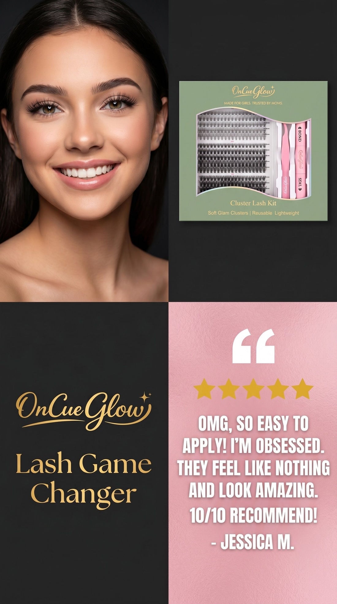 OnCue Glow Cluster Lash Kit and happy teen customer
