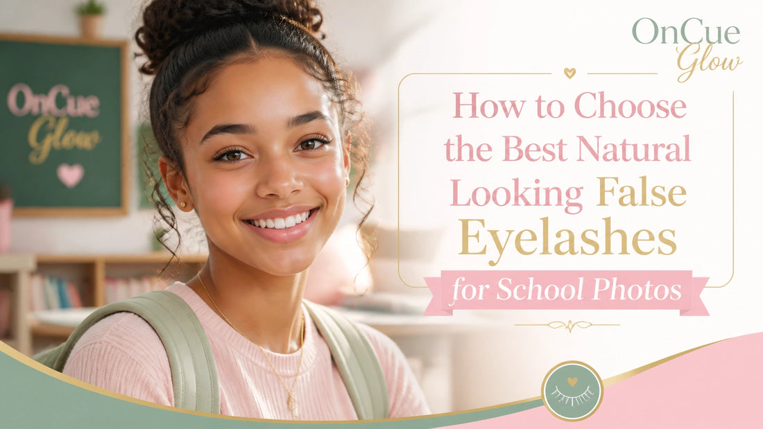 Teen girl with natural-looking lashes posing for a school portrait, with title overlay in brand colors.