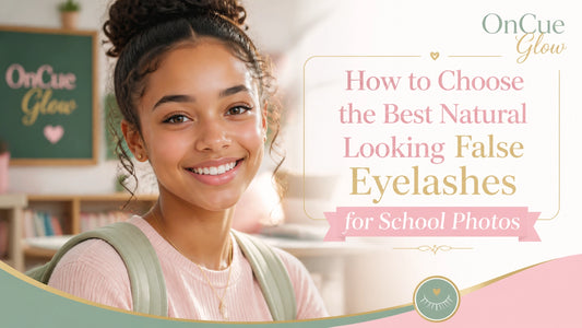 Teen girl with natural-looking lashes posing for a school portrait, with title overlay in brand colors.